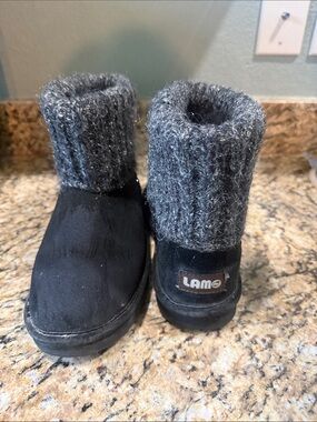Lamo Black Suede Booties with Dark Gray Knit Cuffs